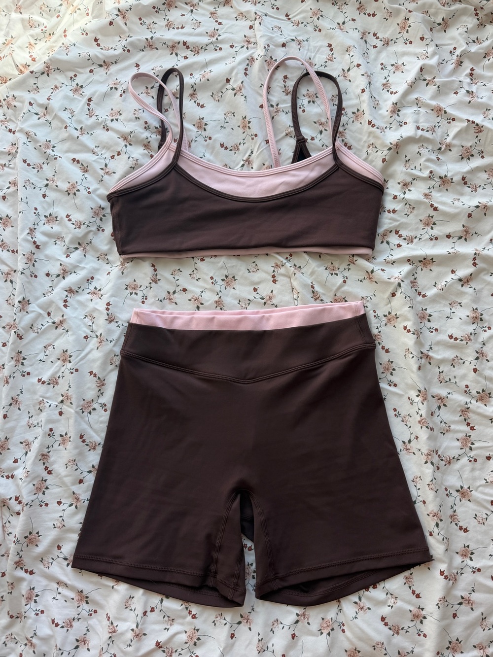 Liaison the Label Double Layer Bra and Shorts in Mocha Brown & Soft Pink